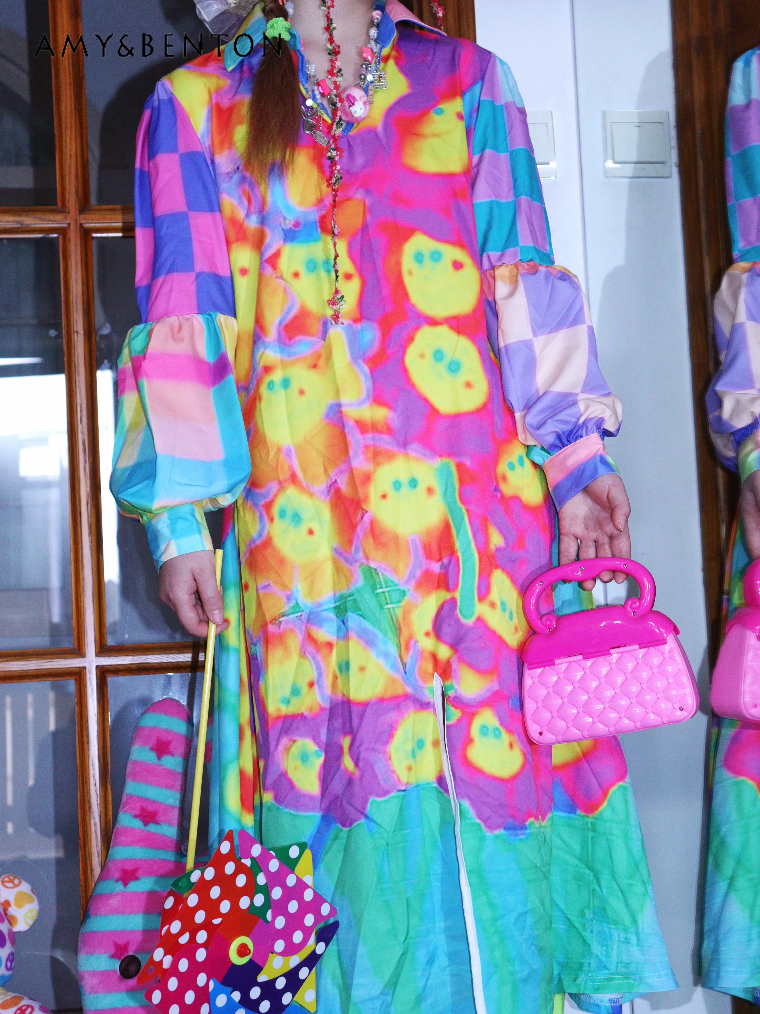 

Japanese Colorful Women's Dress 2026 Summer New Fashion Loose Plaid Printing Splicing Shirt Collar Age Reduction Dresses Ladies