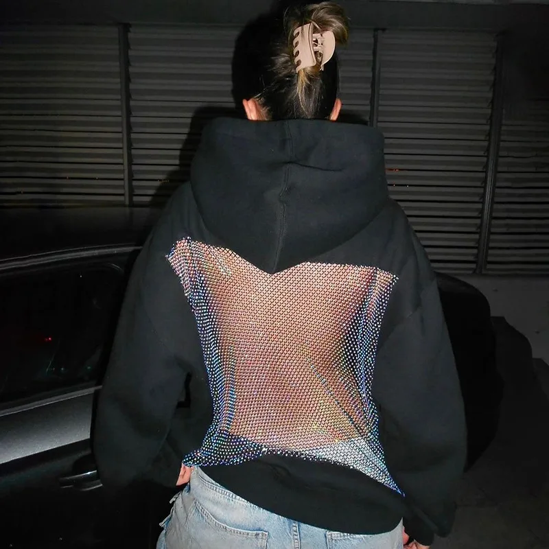 

2025 Autumn Mesh See Through Patchwork Hooded Sweatshirts Women Sexy Backless Full Sleeve Loose Casual Hipster Street Hoodies