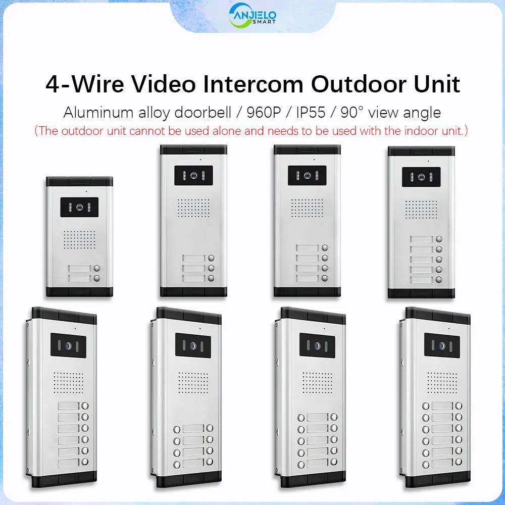 

4-Wire Video Intercom System Outdoor Unit with 2-12 Households Aluminum Alloy Doorbell 960P IP55 waterproof 90° View Angle