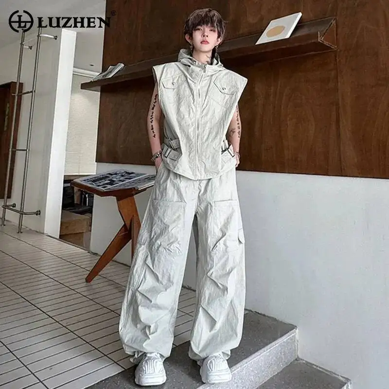 

LUZHEN Sets 2025 Original Men Street New Solid Two-piece Color Hooded Zipper Sleeveless Vest Trendy Baggy Straight Pants JY7348