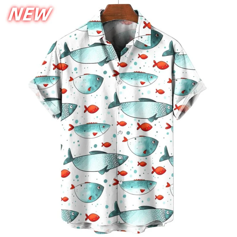 

Милая гавайская рубашка с рисунком рыбы, мужская блузка с короткими рукавами и 3D принтом морских животных, повседневная пляжная рубашка на пуговицах для отдыха, свободные рубашки Aloha