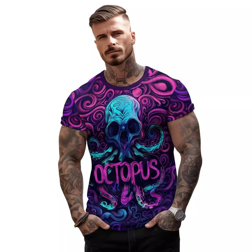 

Summer New 3D Printed Skull Octopus Loose Men's Short sleeved T-shirt Men's Summer 3D Printed Large Breathable T-shirt