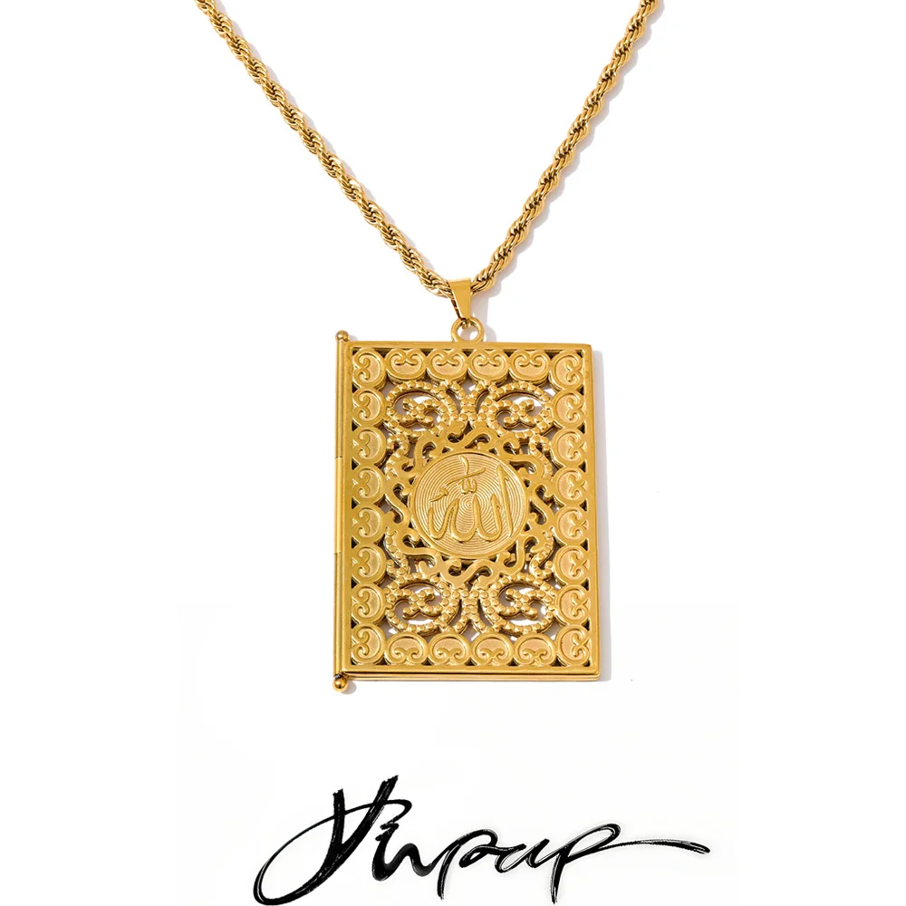 Yhpup 75 + 5 cm moyen-orient famille bijoux en acier inoxydable grand pendentif cadre photo Rectangle collier 18 K PVD plaqué étanche