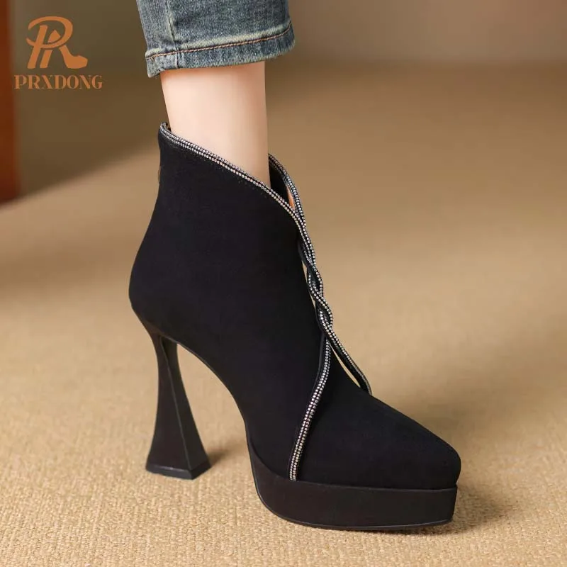 PRXDONG New Classics Genuine Leather Autumn Winter Warm Ankle Boots High Heels Platform Black Apricot Dress Party Lady Shoes 39 image 5