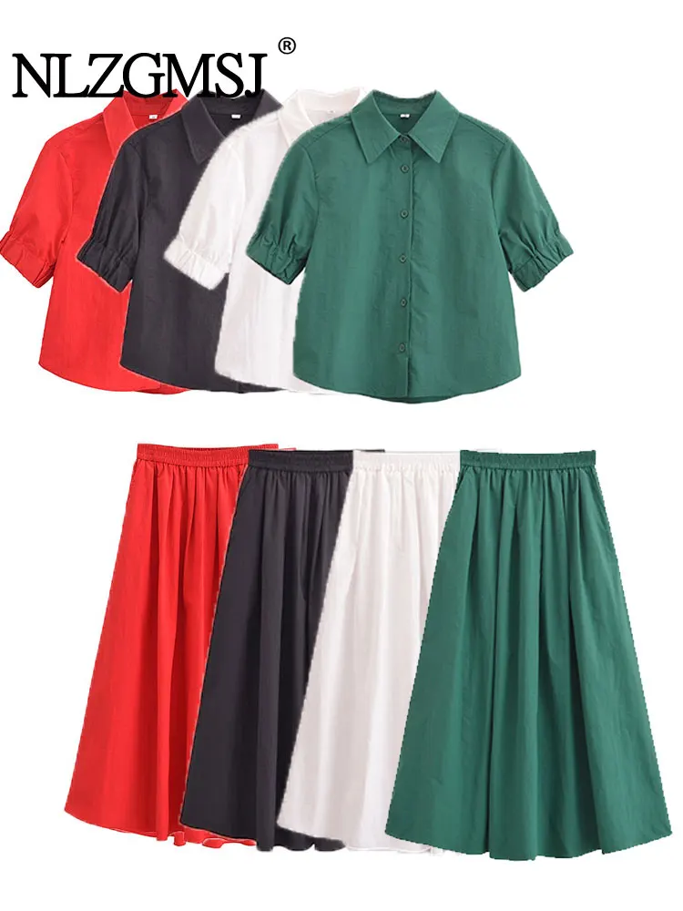 TRAF 2024 New Women Two Piece Skirt Set Summer Short Sleeve Shirts Long Skirt Set Casual Matching Holiday Suit