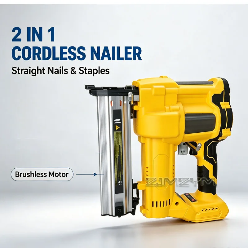 21V Cordless Nail Gun 2 in 1 Straight Nail Staple Gun Brushless Electric Brad Nailer for Woodworking Furniture Installation