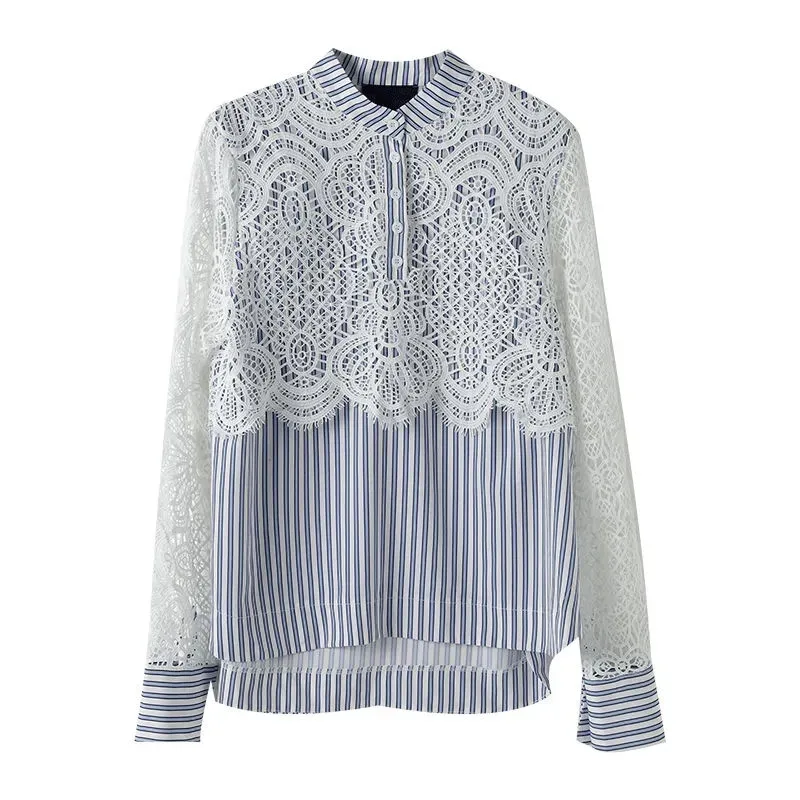 Fashion Lace Patchwork Striped Shirt For Women Shirts Blouse New Spring Summer Autumn Mid-Length Loose Casual Shirt Tops Female