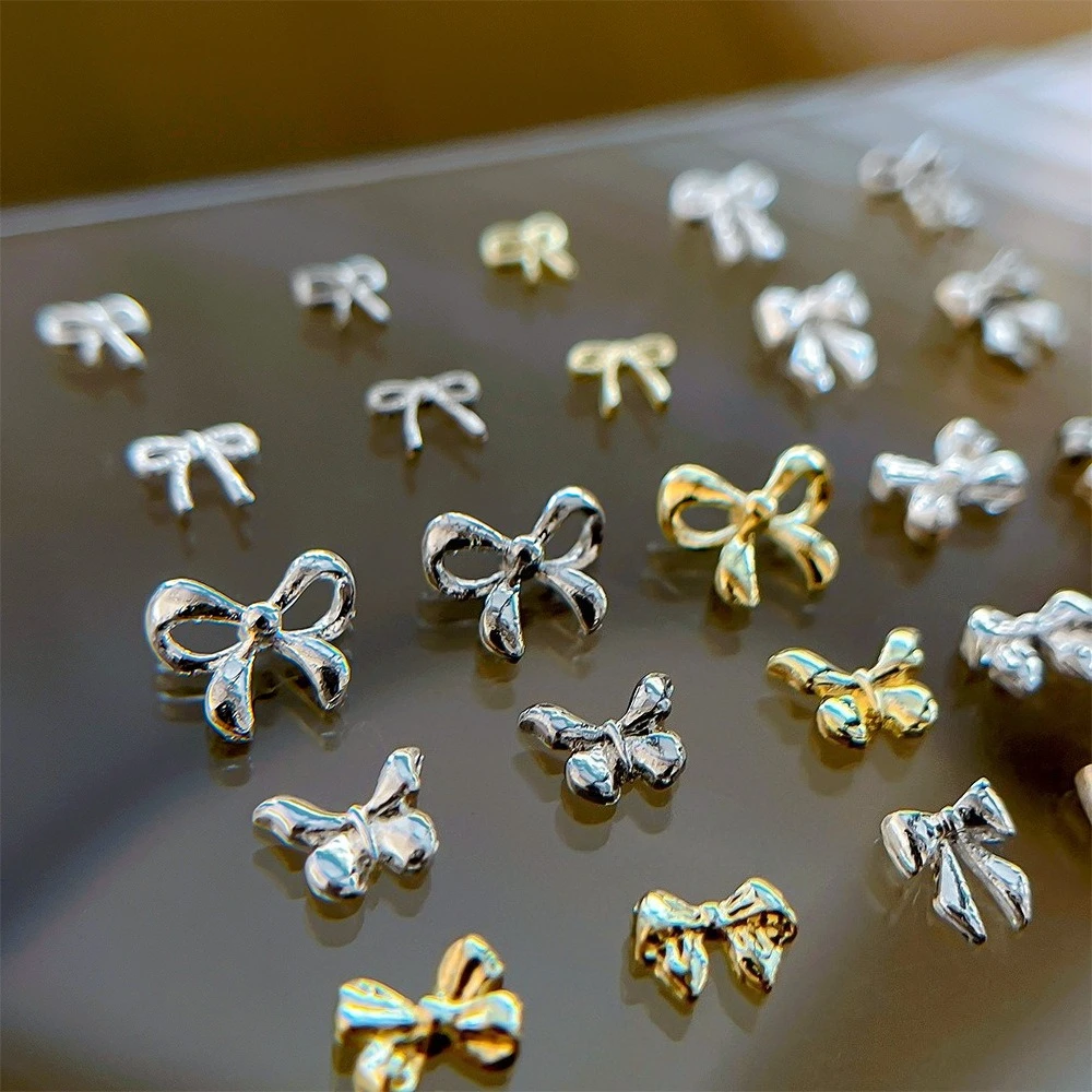 

10pcs Mini Gold Silver Line Bowknot Butterfly Alloy Tie Silk Ribbon Nail Art Decorations Charming Manicure Accessories Jewelry