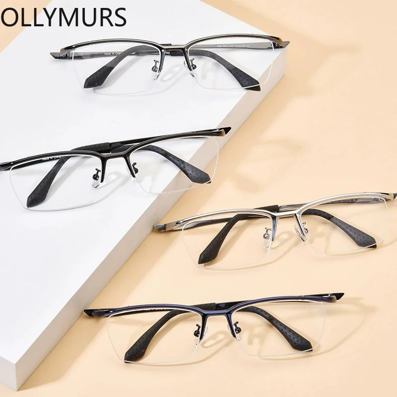 Ollymurs Square Eyewear Fashion Optical  High-quality Pure Titanium Eyeglass Frame Men Semi-Rimless Glasses Frames