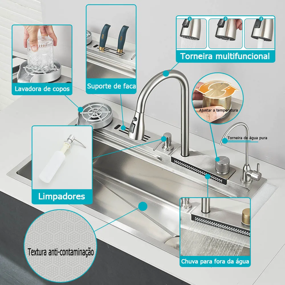 304 شلال من الفولاذ المقاوم للصدأ بالوعة المطبخ خزان واحد كبير مع مجموعة صنبور سحب خلاط الماء الساخن البارد الصنابير والحوض #3