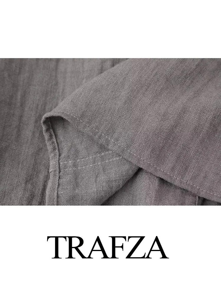 TRAFZA Womens 2024 Fashion Belt Pajamas Style Shirts Tops Chic Lady Spring New Casual V-Neck Long Sleeve Gray Loose Blouse