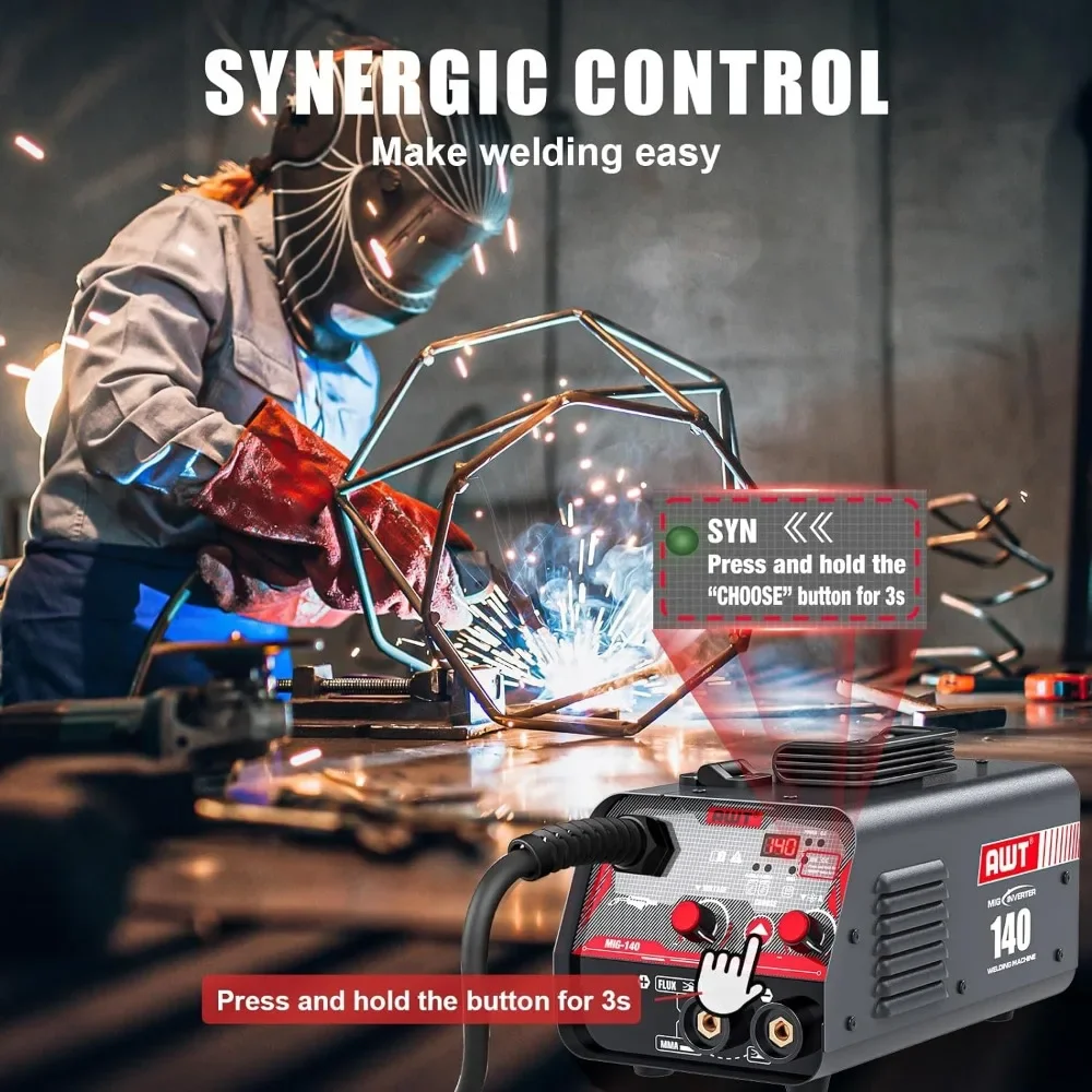 Portable Gasless MIG Welder 140Amp, Flux Core MIG Welder/Stick 2 in 1 Welding Machine 110V with Synergy IGBT Inverter