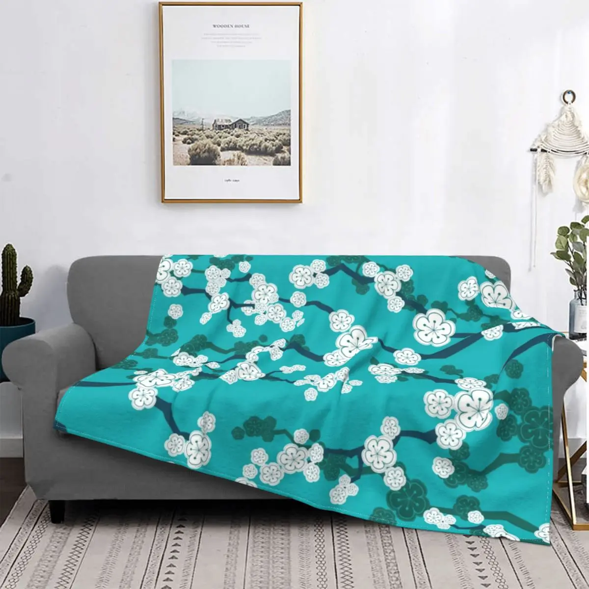 

Oriental Cherry Blossoms On Turquoise Blanket Warm Fleece Soft Flannel Zen Japanese Sakura Flowers Throw Blankets for Bed Sofa