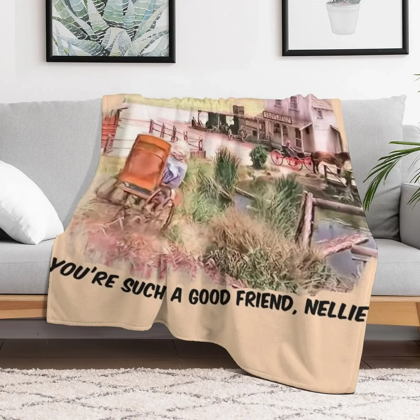 Little House on the Prairie Nellie Wheelchair scene. Black Lettering Throw Blanket Cute Luxury Designer Travel Blankets