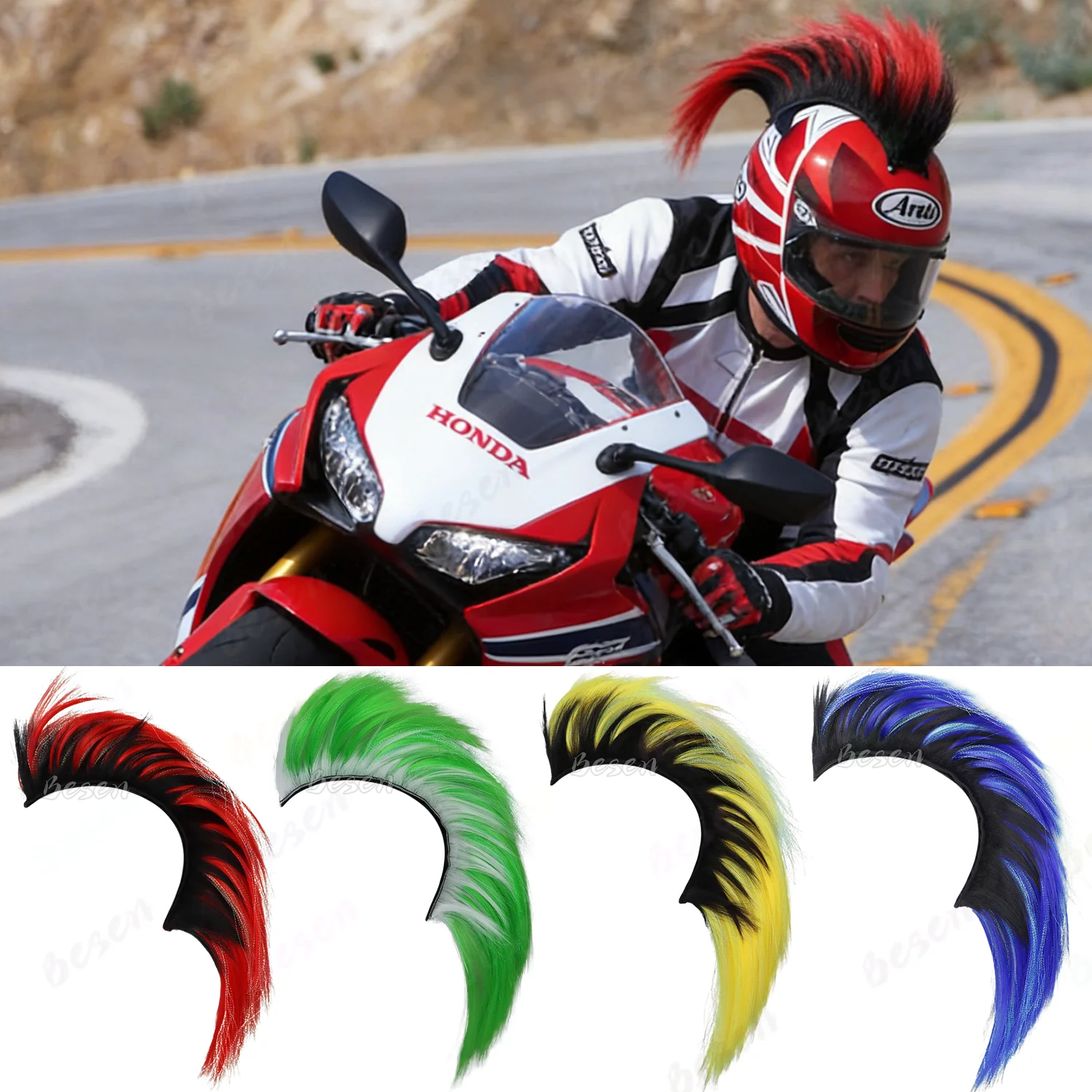 Synthetic Punk Mohawk Wigs with Colorful Cockscomb Helmet Decorations for Motorcycle Bicycle Accessories Hair Stylish Riders