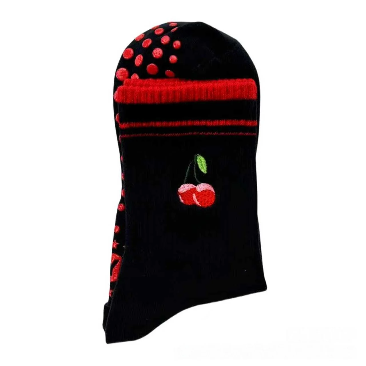 

1/4 Double Pack Sweet and Cool Non-Slip Black and Red Cherry Embroidered Mid-Calf Socks, Home Yoga Indoor Floor Socks