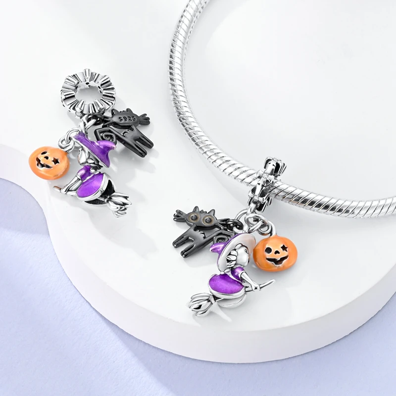 Fashionable 925 Sterling Silver Glow In The Star Broom Witch Black Cat Pumpkin Charm Fit DIY Bracelet Necklaces Halloween Gift