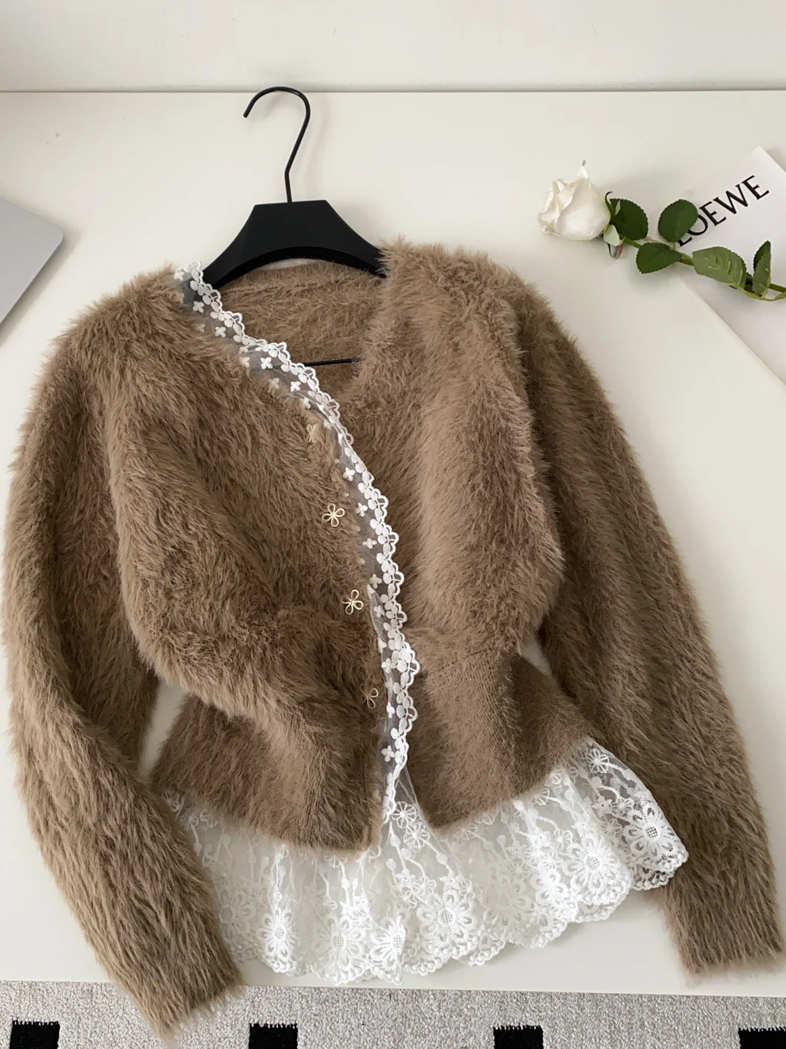 

Women's Brown Mohair Cardigan 2000s Vintage Korean Style Jumper Knit Outerwear Long Sleeves Mink Cashmere Sweater For Women 2025