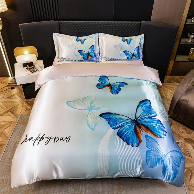 

Blue Butterfly Duvet Cover White Queen Size Silk Butterflies Print Bedding Set with Zipper Soft Comforter Cover for Kids Adults