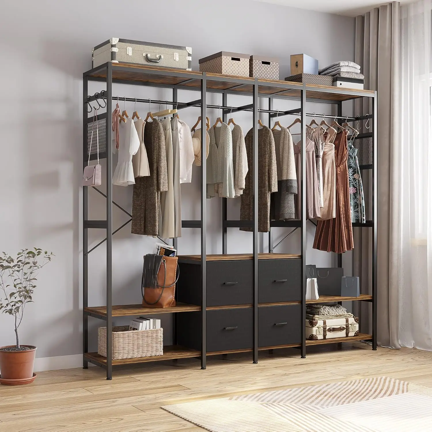 Karl Home Freestanding Closet Organizer With 4 Fabric Drawers, Heavy Duty Clothes Rack With Wooden Shelves Hanging Rods, Free