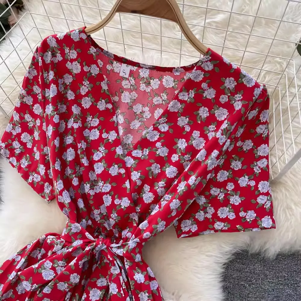 YuooMuoo Chic แฟชั่นดอกไม้พิมพ์ชุดสตรี 2025 ฤดูร้อน SASH BANDAGE จีบชุดเลดี้ชุด Vestidos Robe Femme