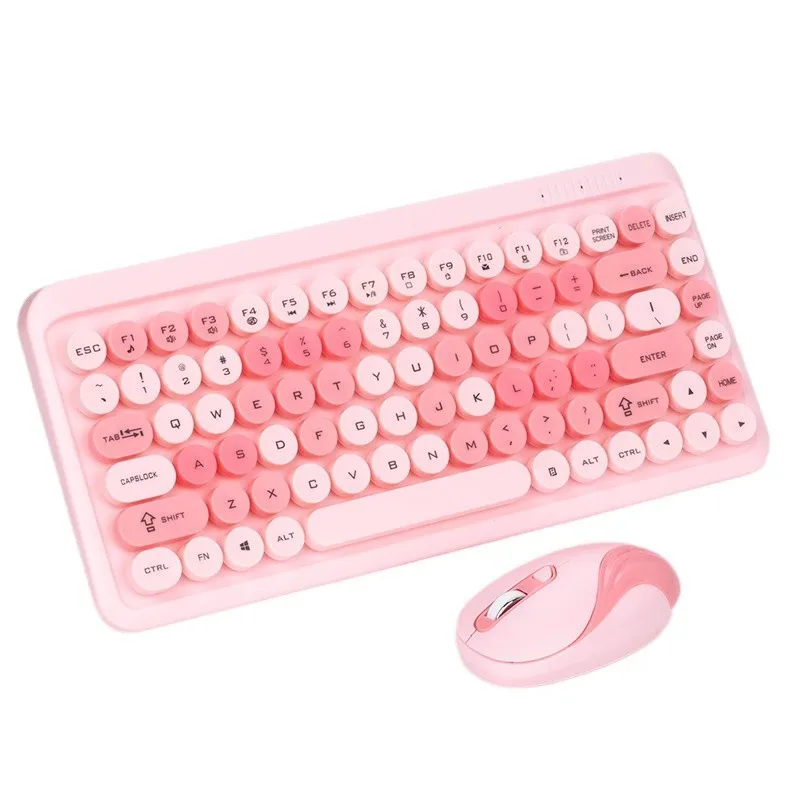

New HK08 mixed color wireless keyboard and mouse set Macaron girl cute retro round business office wireless keyboard
