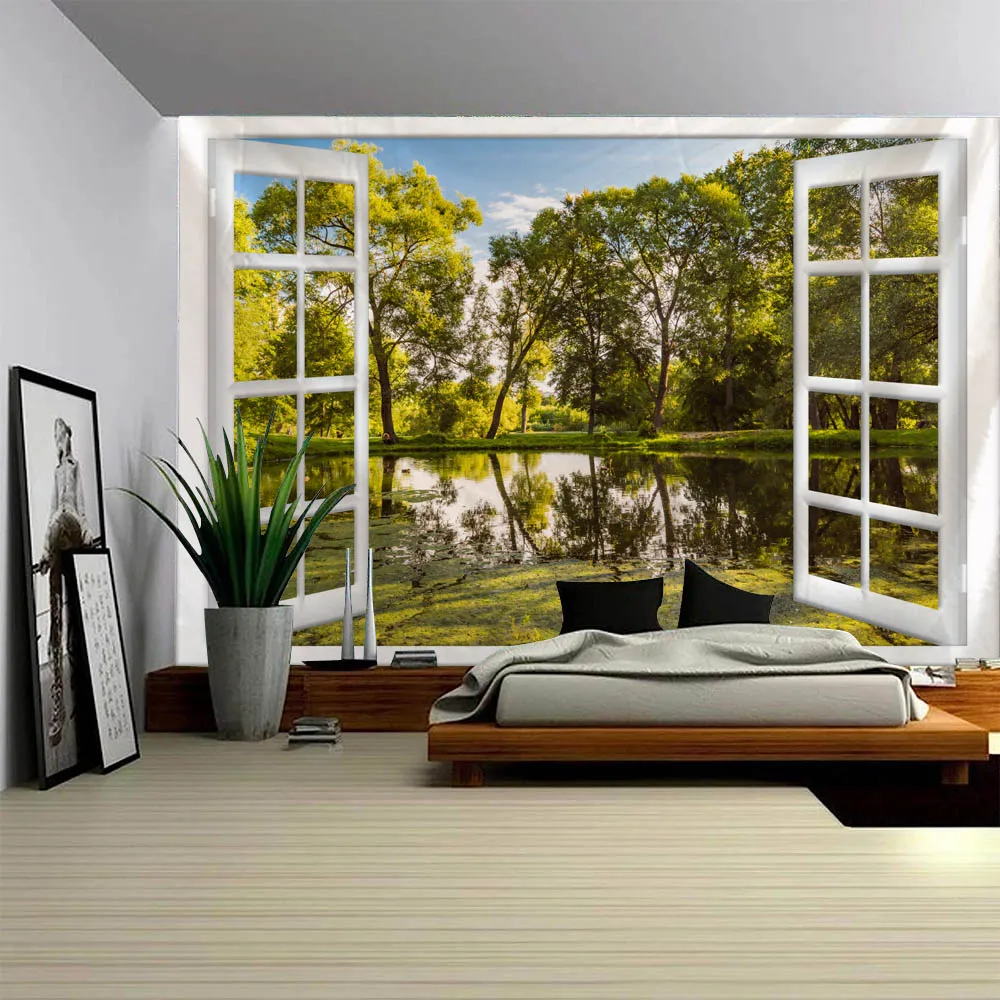

3D Window Scene Decoration Tapestry Hippie Bohemian Style Wall Decoration Natural Landscape Home Dormitory Wall Background Cloth