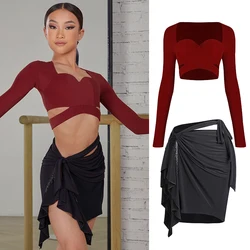 Kids Latin Dance Clothes Girls Long SLeeves Tops Hollow Out Fringe Skirt Cha Cha Rumba Samba Dance Practice Show Wear DNV19557