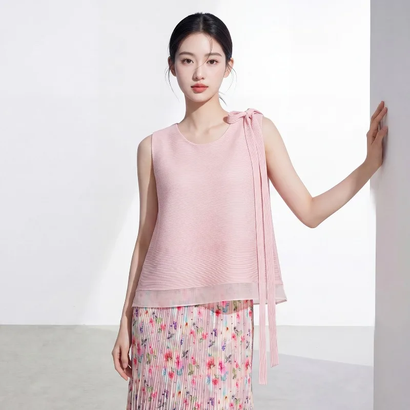 

Miyake Pleated Vest Summer New Bow Tie Sleeveless Mesh Top Women's Loose Casual Elegant Gentle Draped Elastic No-Iron T-Shirt