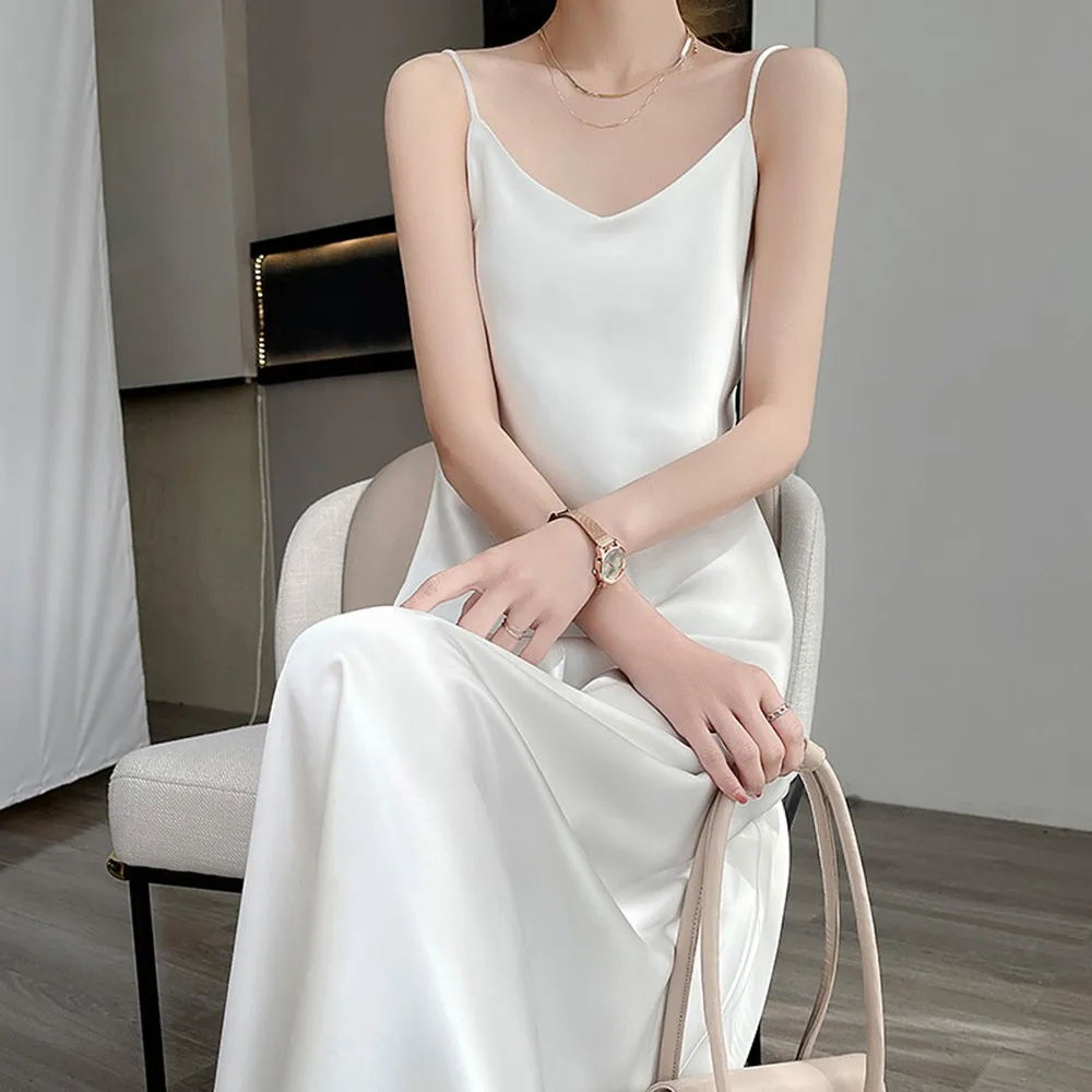 Femmes Sexy col en v Satin fausse soie fête moulante longues robes soirée Club Cocktail fronde femme sans manches chemises de nuit robe à glissière