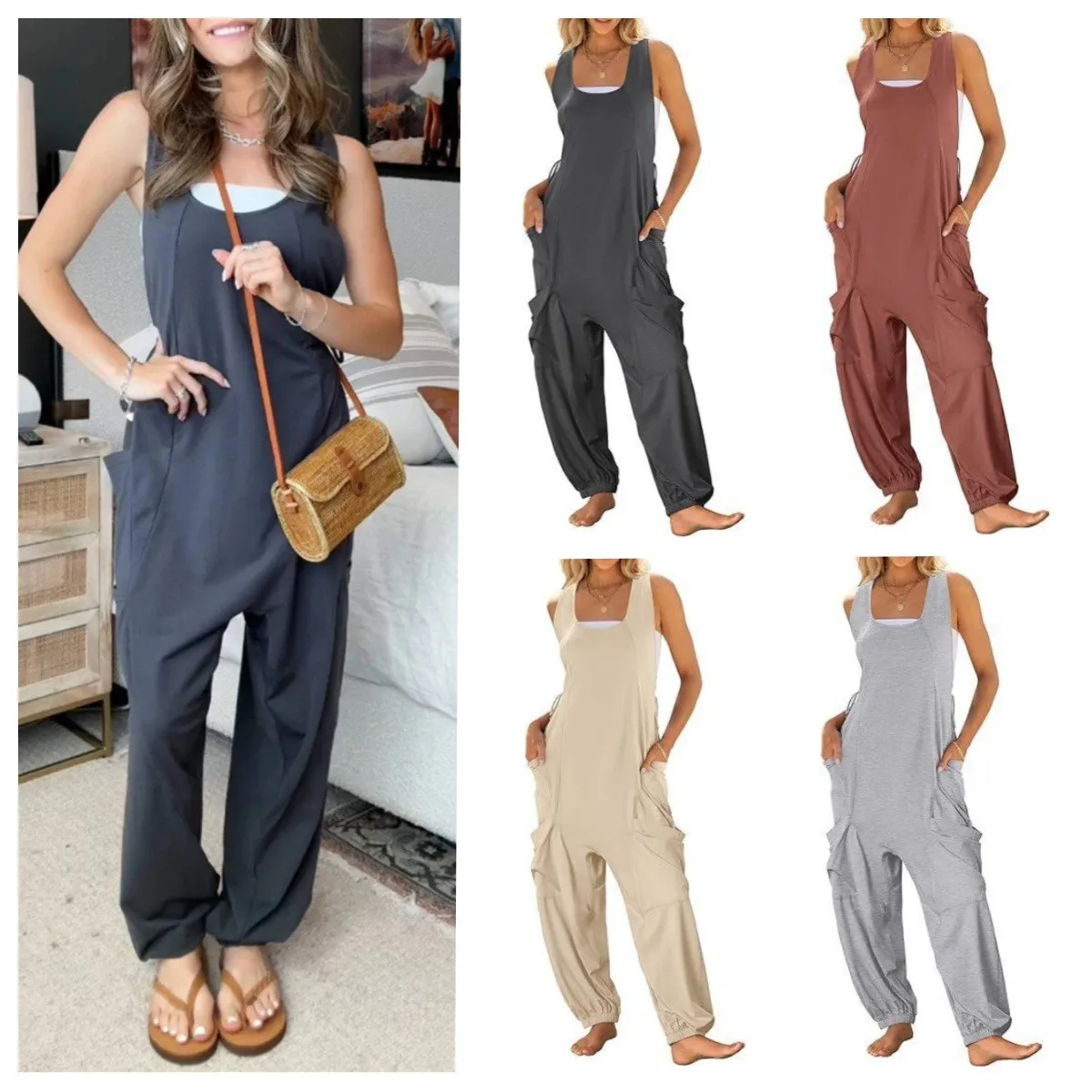 

Summer Women's Clothing Casual Sleeveless Jumpsuit With Double Side Pockets For Woman Polyester Relaxed Fit Harem Overalls