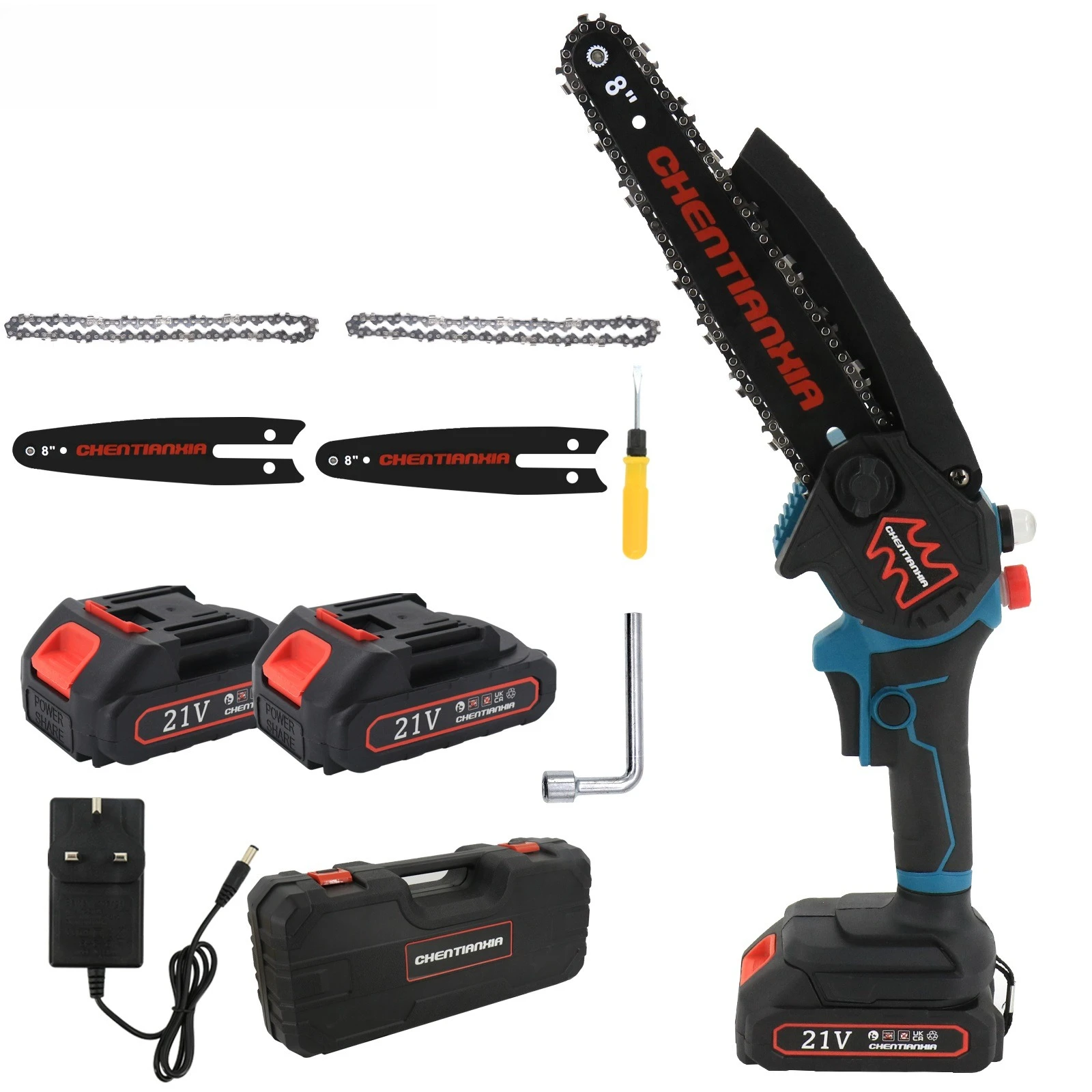 2 Batteries 8'' 4000W Mini Cordless Chainsaw Electric One-Hand Saw Wood Cutter, Suitable for Gardens, Homes and Tree Branches