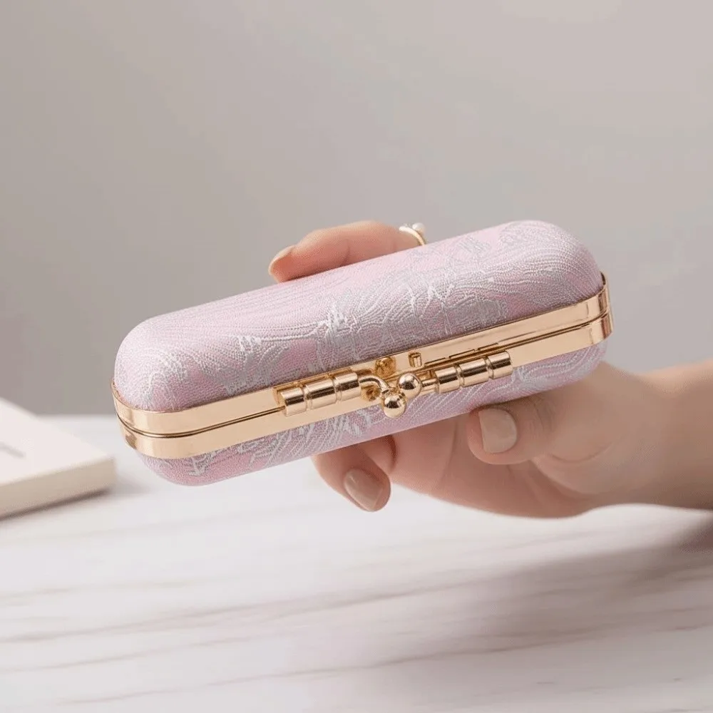 

Kiss Lock Clasp Mini Ring Box Gold Metallic Trim Faux Leather Outer Travel Jewelry Case Sturdy Hardware Frame Luxury Style Look