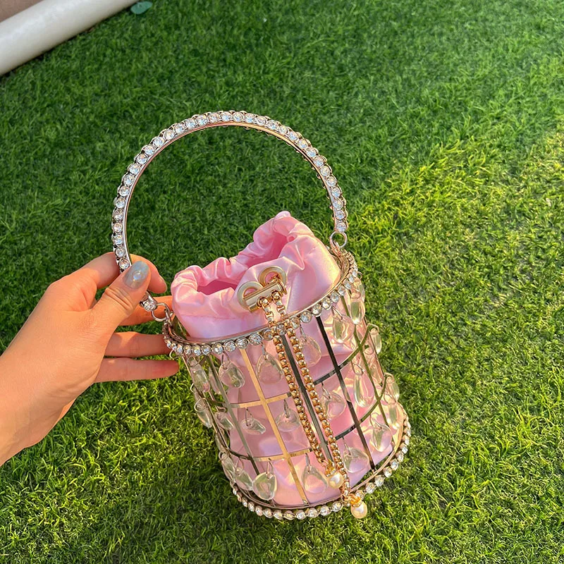 

Metallic Evening Bags With Diamonds Luxury Round Bucket Banquet Handbags Ladies Clutch Dinner Bag For Party Wedding Bags