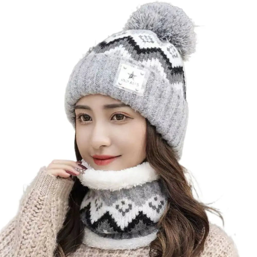

Winter Plus Velvet Beanies Hat Windproof Ear Protection Hat Scarf Set Thick Warm Knit Skull Cap Women