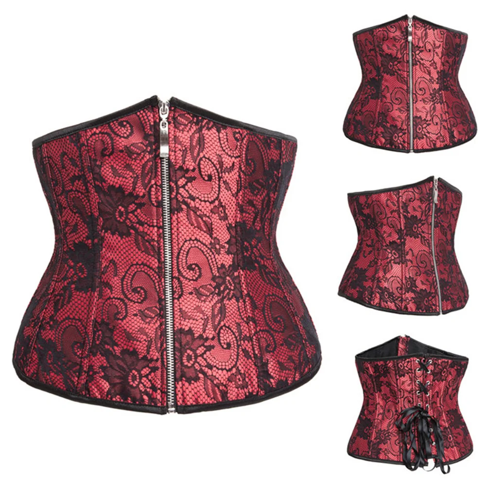 

Красный кружевной цветочный передний корсет на молнии в викторианском стиле под грудью, сексуальный корсет с контролем живота, корректирующее белье для талии, утягивающий живот, готический корсет