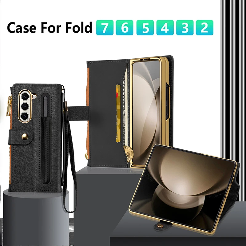 

Флип-кожаный чехол-кошелек с держателем для карт S Pen для Samsung Galaxy Z Fold 7 6 5 4 3 2 Fold7 Fold6 Fold5 Fold4 Fold3 Чехол для телефона