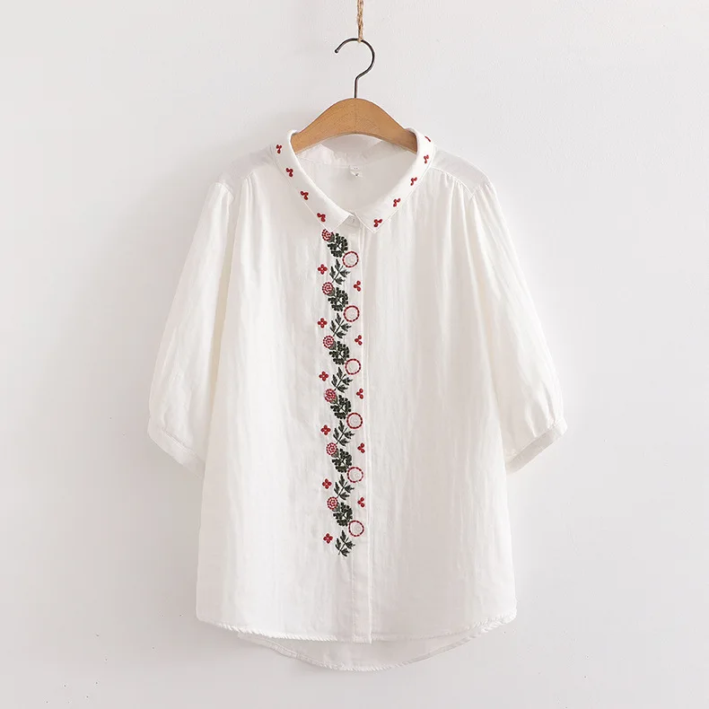 New Spring Cotton Simplicity Shirt Women 3/4 Sleeve Lapel Embroidery Top Girl Loose Literature OL Blouses 2024 Summer T45797QC