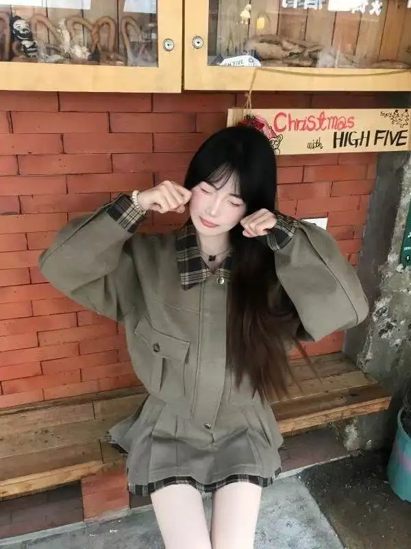 

Retro Plaid Splicing Collar Woolen Coat Women's Winter Faion Set with f Skirt Two-Piece Set Warm ort Sle Button Closure