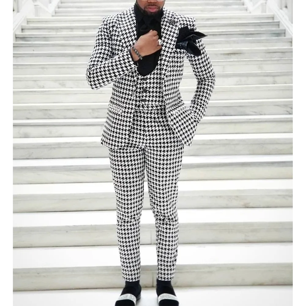 

White And Black Houndstooth Men's Suit Three Pieces Peaked Lapel Slim Fit Outfit Best Man Groom Wedding Set(Jacket+Vest+Pants)