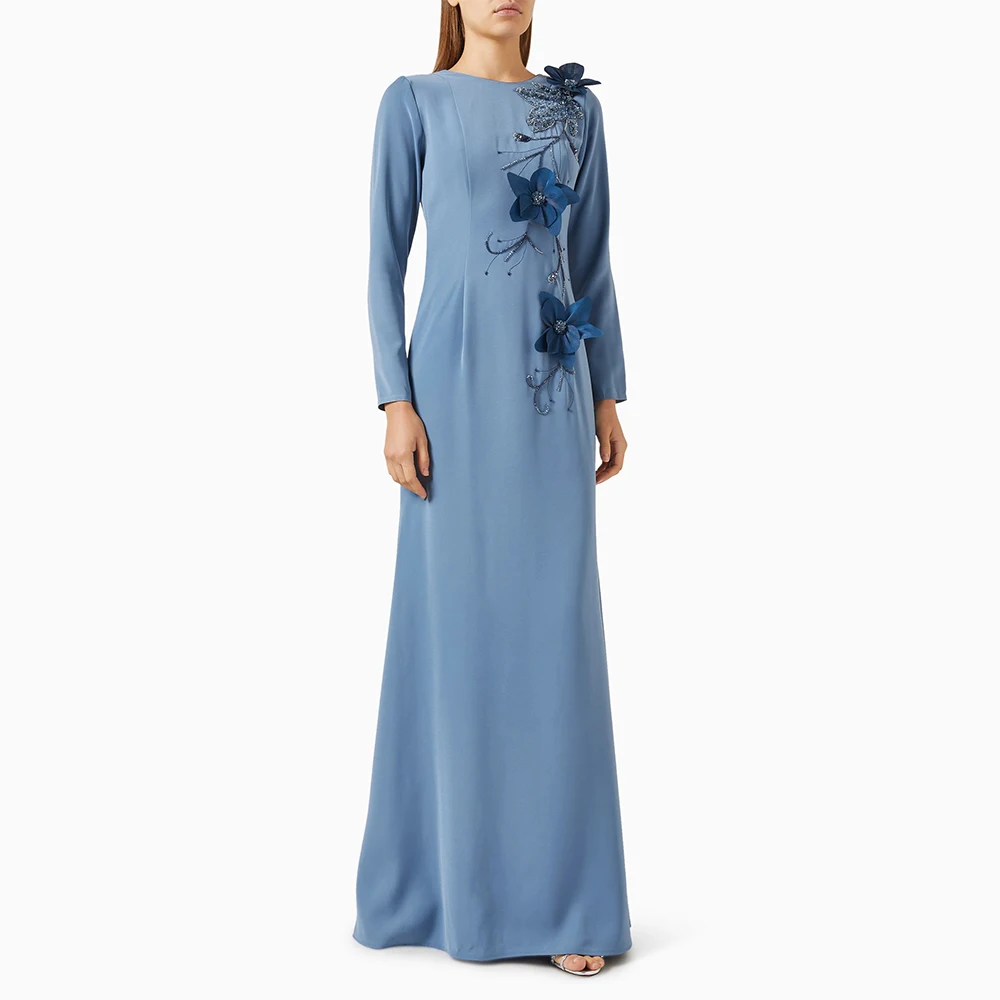 Modernes, maßgeschneidertes Abendkleid für Damen, formelles Partykleid, bodenlanges Ballkleid, O-Ausschnitt, Blumen, Saudi-Kleid