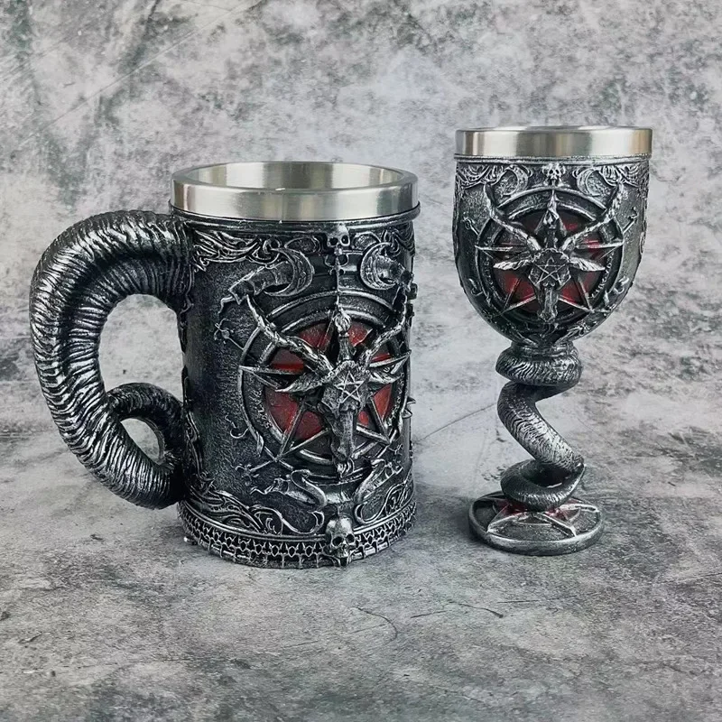 Tazas de cuerno de pentagrama Baphomet, tazas de resina pintadas a mano, cerveza Retro pulida, taza fresca de acero inoxidable, utensilios de cocina góticos para Bar