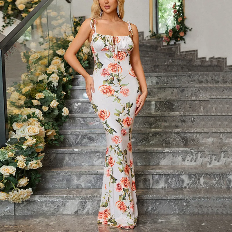 2024 Summer Printed Extra Long Dress Sexy Flower Printed Open Back Strap Bohemian Dress Elegant Slim Fit Women's Party Dresses