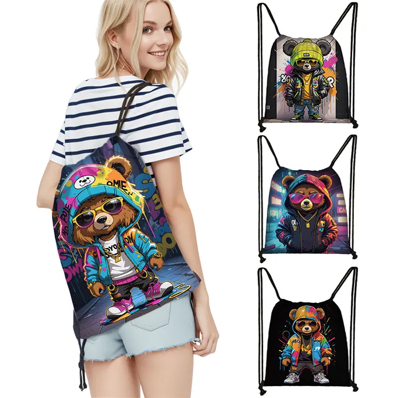 

Kawaii Graffiti Bear Print Drawstring Bag Men Fashion Storage Bags Teenager Boys Girls Hip Hop Backpack Travel Bookbag Gift