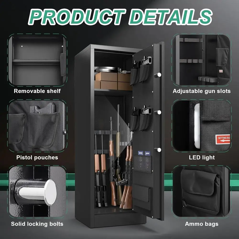 Grande cassaforte per pistole domestiche per fucili, pistole e fucile con blocco digitale ad accesso rapido, ripiani regolabili e scomparti per pistole
