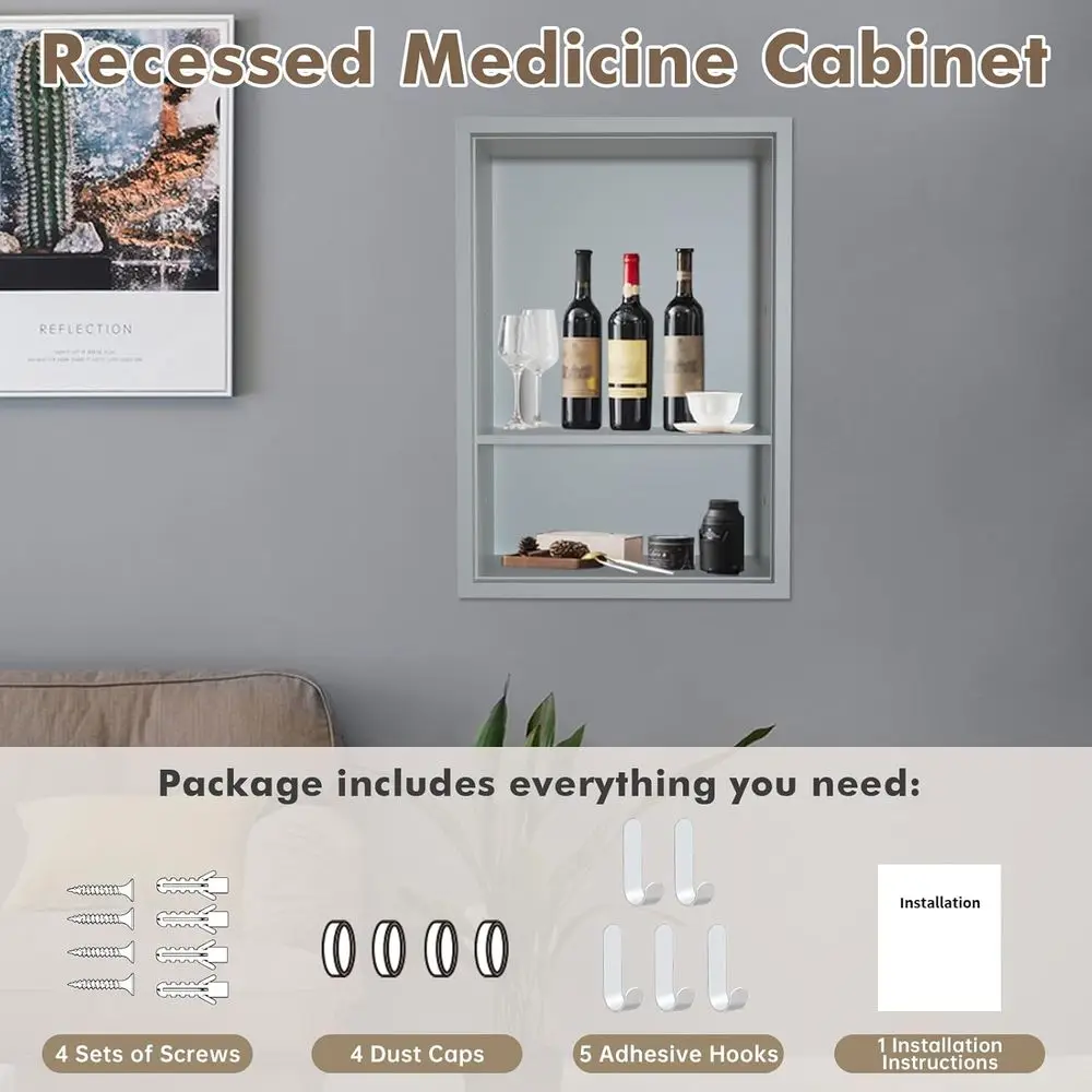 Armoire à pharmacie encastrée à 2 niveaux en bois massif gris, rangement de niche murale 12x18 pour salle de bain, chambre à coucher, salon, cuisine