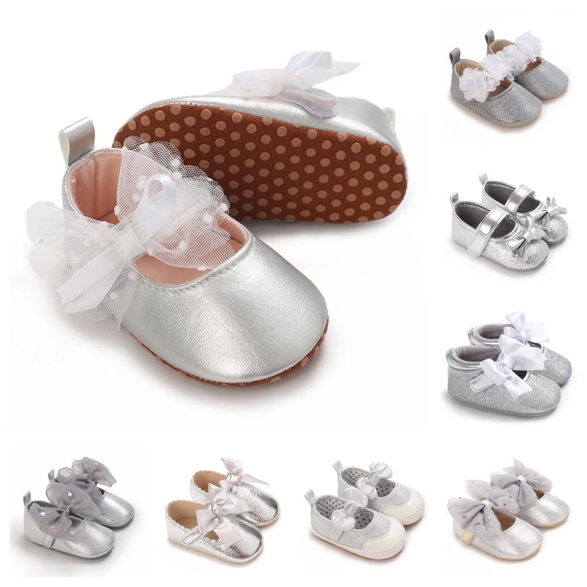 VALEN SINA Newborn Baby Shoes Silver Baby Girl Shoes Princess Shoes Classic Bow Sole Anti Slip Baby Walking Shoes