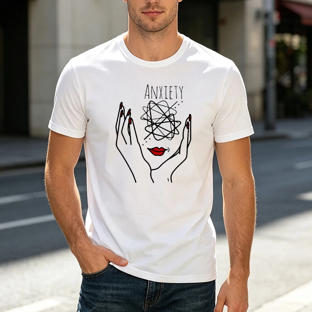 Mental Health Anxiety Abstract Art Men T Shirt Line Drawing Face Graphic Tee Summer Short Sleeve Casual Top