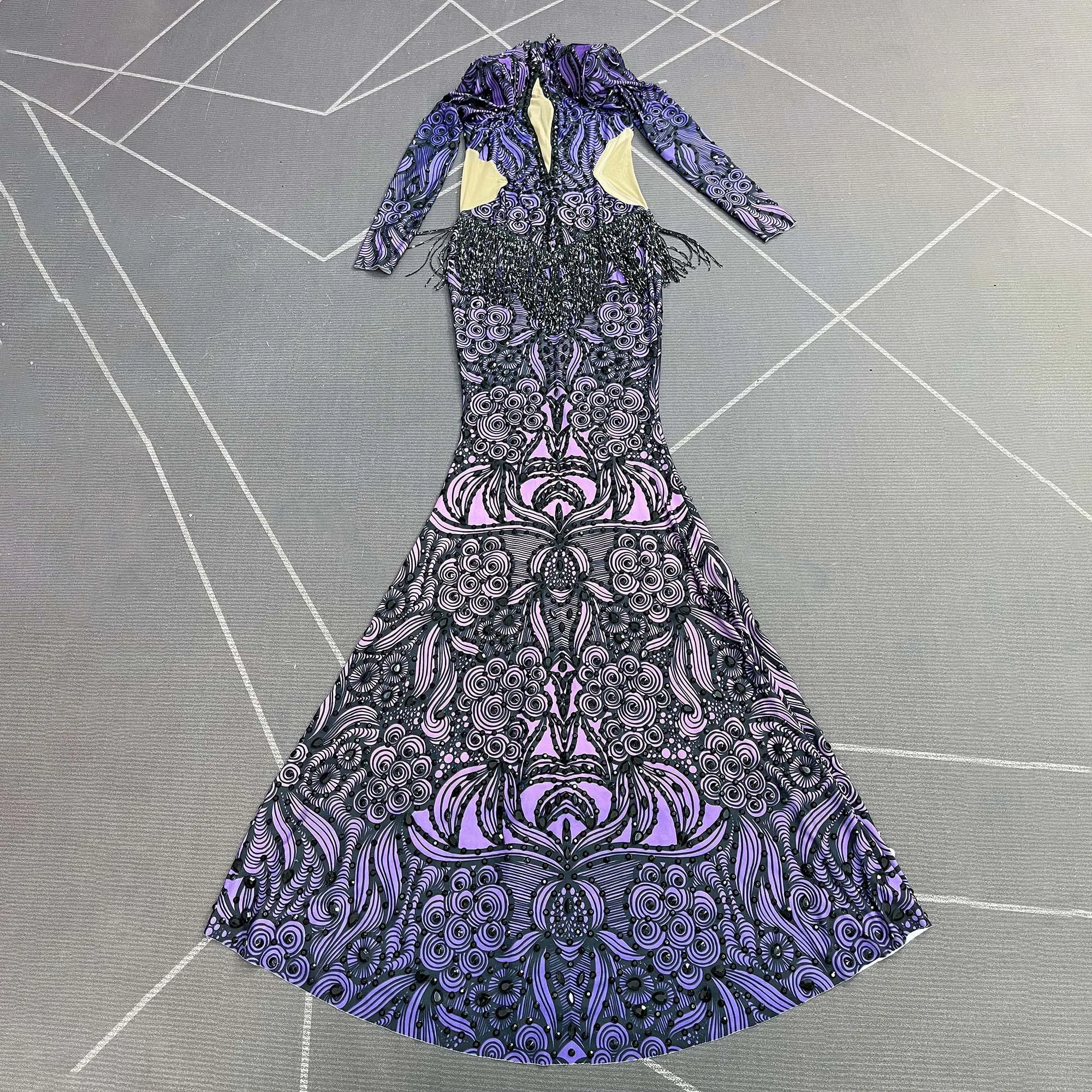 Elegant temperament waist hollow repair and floor length dress Halloween party witch costume dance dress formal evening dress