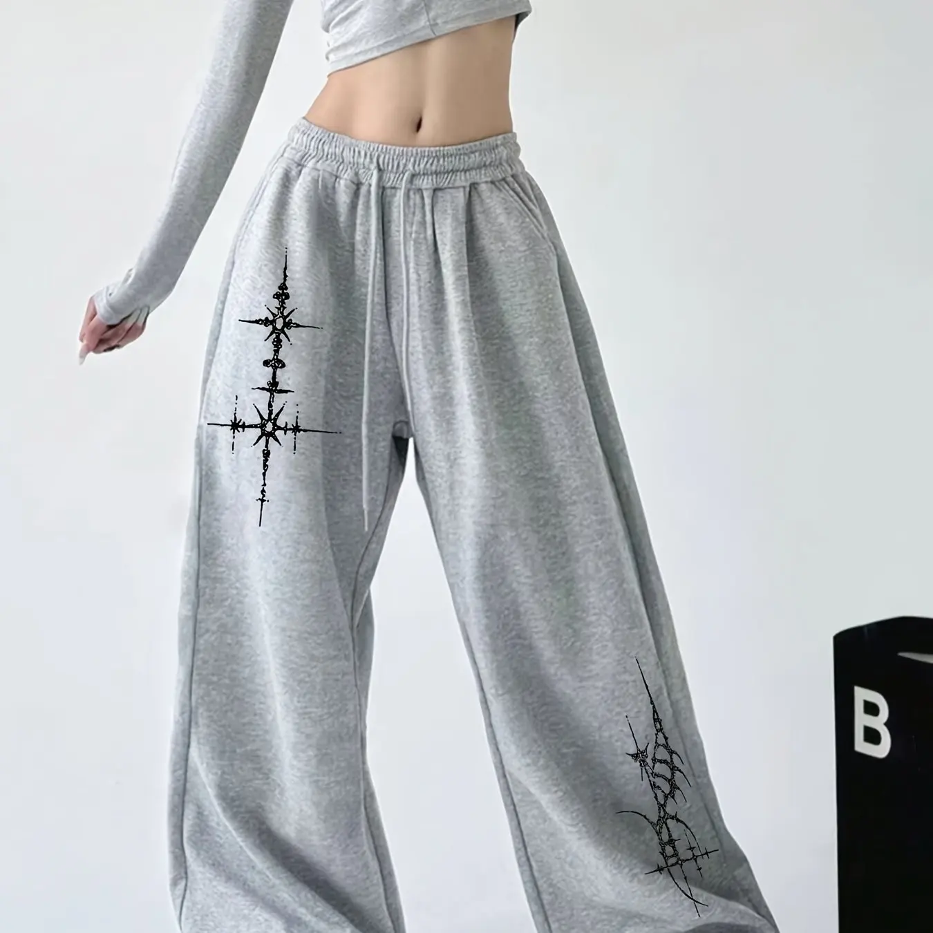 

Cross Print Casual Sports Pants with Drawstring and Elastic Waistband for Women, Straight Leg Pants